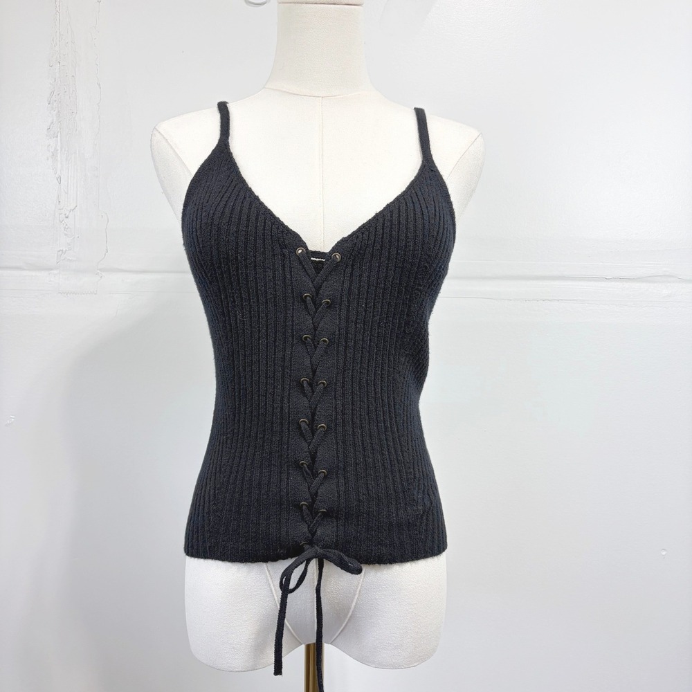 American Eagle Black Ribbed Lace Up Cami Tank Top Y2K Minimalist Medium